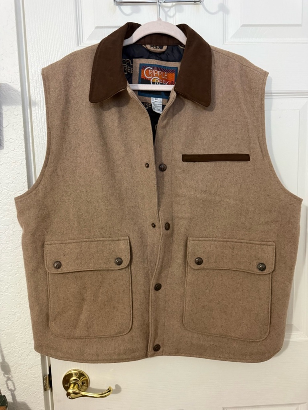 Cripple Creek Melton Microsuede Men's Tan Wool-Blend Vest with Dark Brown Collar